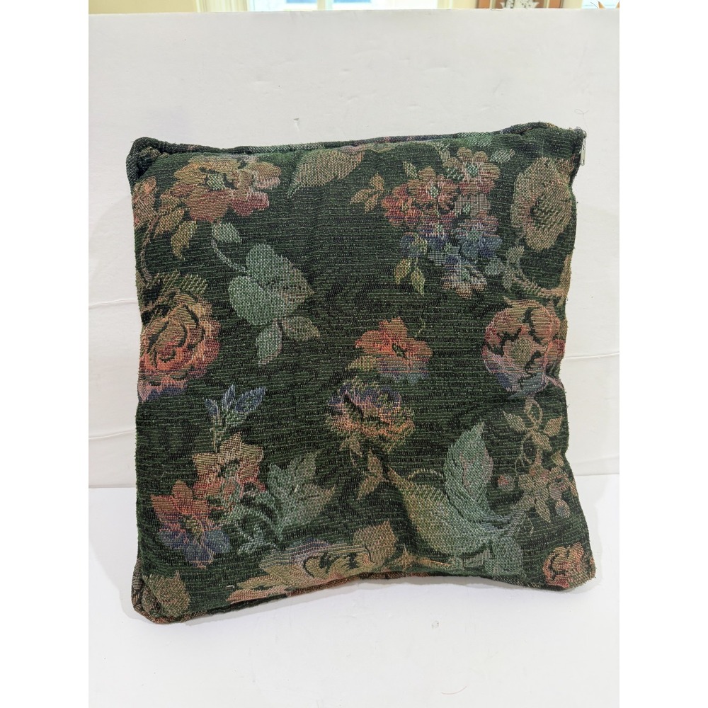 Vintage Tapestry Style Throw Pillow Floral print Greens and lavender 16" Sq.